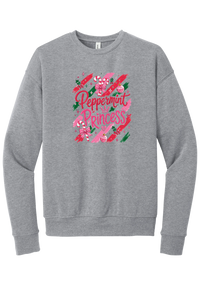 Peppermint Princess crewneck sweatshirt in Athletic Heather, featuring pink Peppermint Princess script with candy canes, a crown, and bows on red and green brush strokes