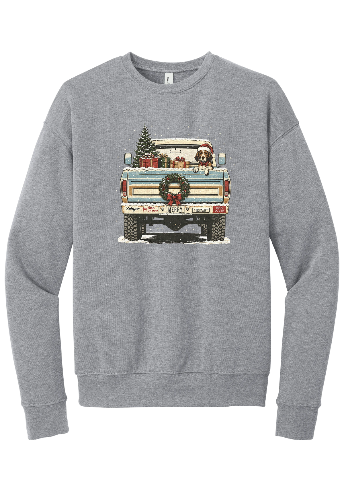 Christmas Pickup Truck with Dog crewneck sweatshirt in Athletic Heather, featuring a vintage pickup truck with a Christmas tree, wrapped gifts, a tailgate wreath, and a dog in a Santa hat