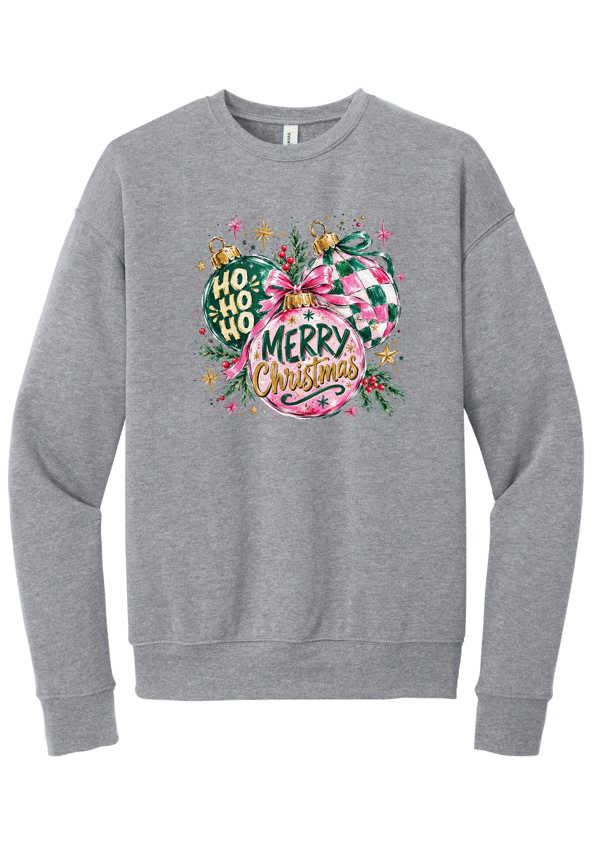 Preppy Christmas Decorations crewneck sweatshirt in Athletic Heather, featuring preppy pink and green Christmas ornaments with checkerboard, ribbon bows, HO HO HO, and Merry Christmas in gold script