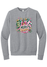 Preppy Christmas Decorations crewneck sweatshirt in Athletic Heather, featuring preppy pink and green Christmas ornaments with checkerboard, ribbon bows, HO HO HO, and Merry Christmas in gold script