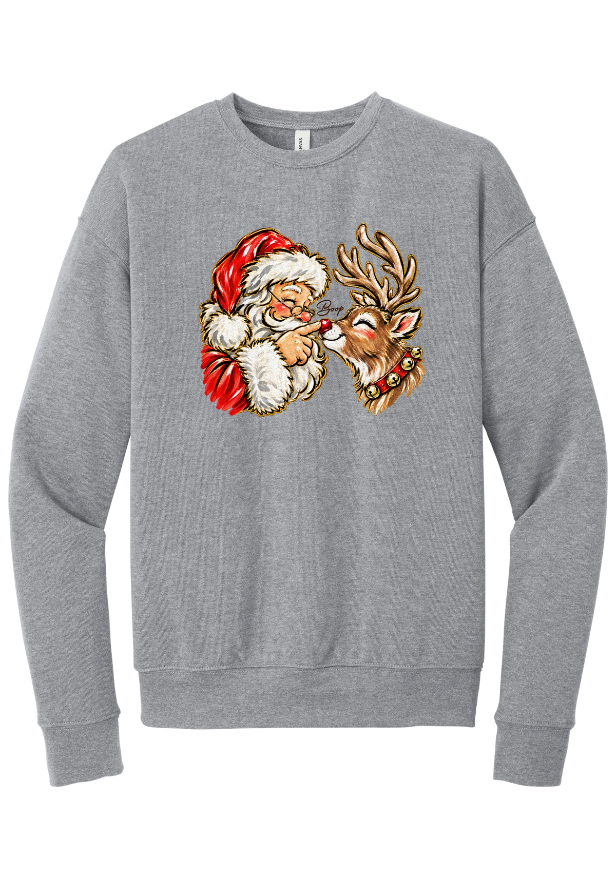 Santa and Rudolph Boop crewneck sweatshirt in Athletic Heather, featuring a hand-painted vintage Santa booping a smiling reindeer on its red nose