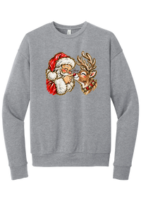 Santa and Rudolph Boop crewneck sweatshirt in Athletic Heather, featuring a hand-painted vintage Santa booping a smiling reindeer on its red nose