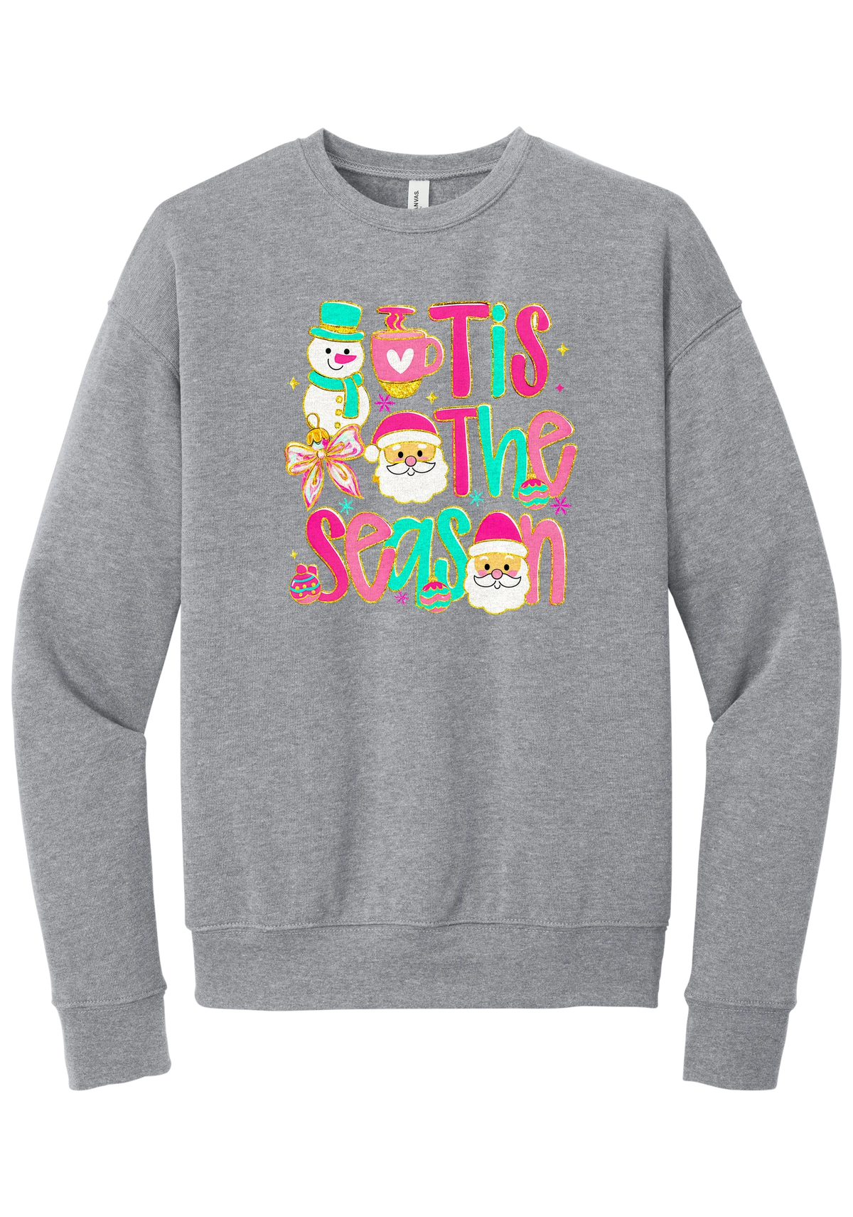 Tis the Season Snowman crewneck sweatshirt in Athletic Heather, featuring pink and teal TIS THE SEASON letters with a snowman, a cocoa mug, and Santas