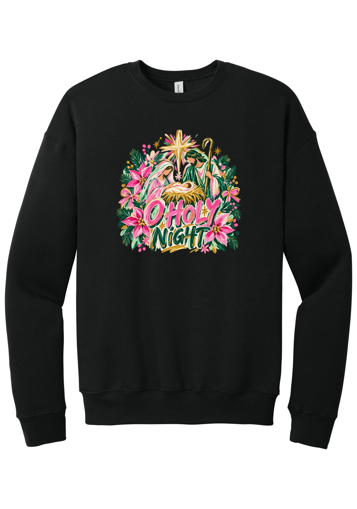 Artful O Holy Night crewneck sweatshirt in Black, featuring a painted nativity under the star of Bethlehem with O Holy Night lettering framed by pink poinsettias and evergreen