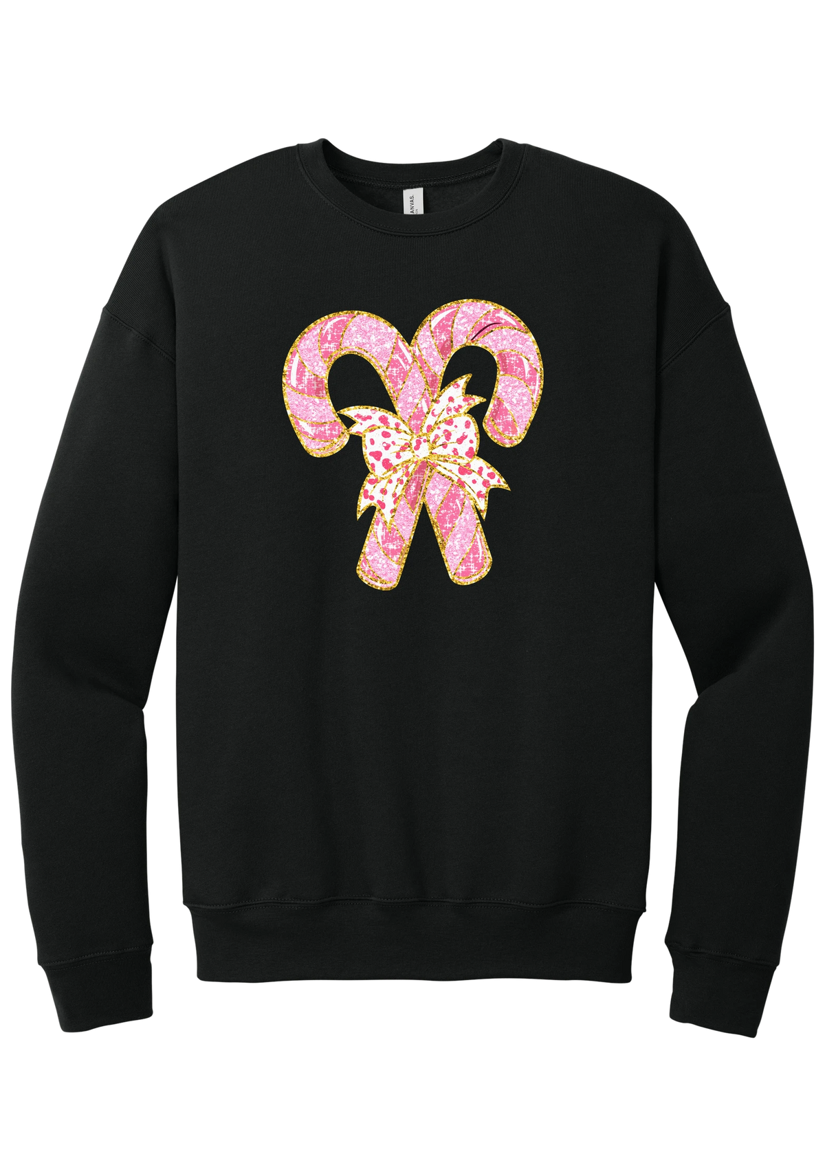 Candy Cane Bow crewneck sweatshirt in Black, featuring two pink glitter candy canes tied with a leopard heart bow and gold trim