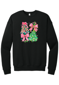 Christmas Tree Bows crewneck sweatshirt in Black, featuring painted pink and green Christmas trees with big pink satin bows