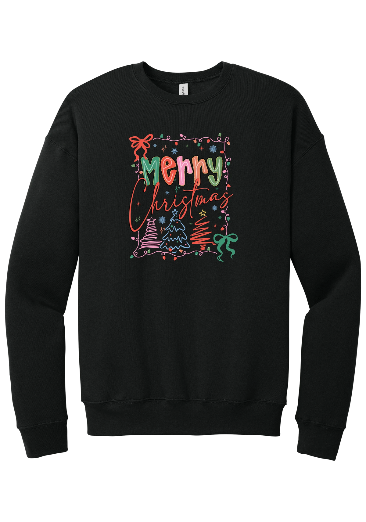 Coquette Merry Christmas Outline crewneck sweatshirt in Black, featuring Merry Christmas bubble letters and script framed by string lights, coquette bows, and sketched Christmas trees