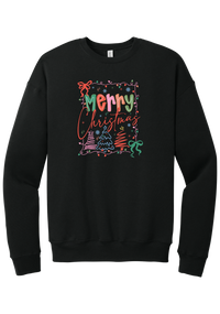 Coquette Merry Christmas Outline crewneck sweatshirt in Black, featuring Merry Christmas bubble letters and script framed by string lights, coquette bows, and sketched Christmas trees