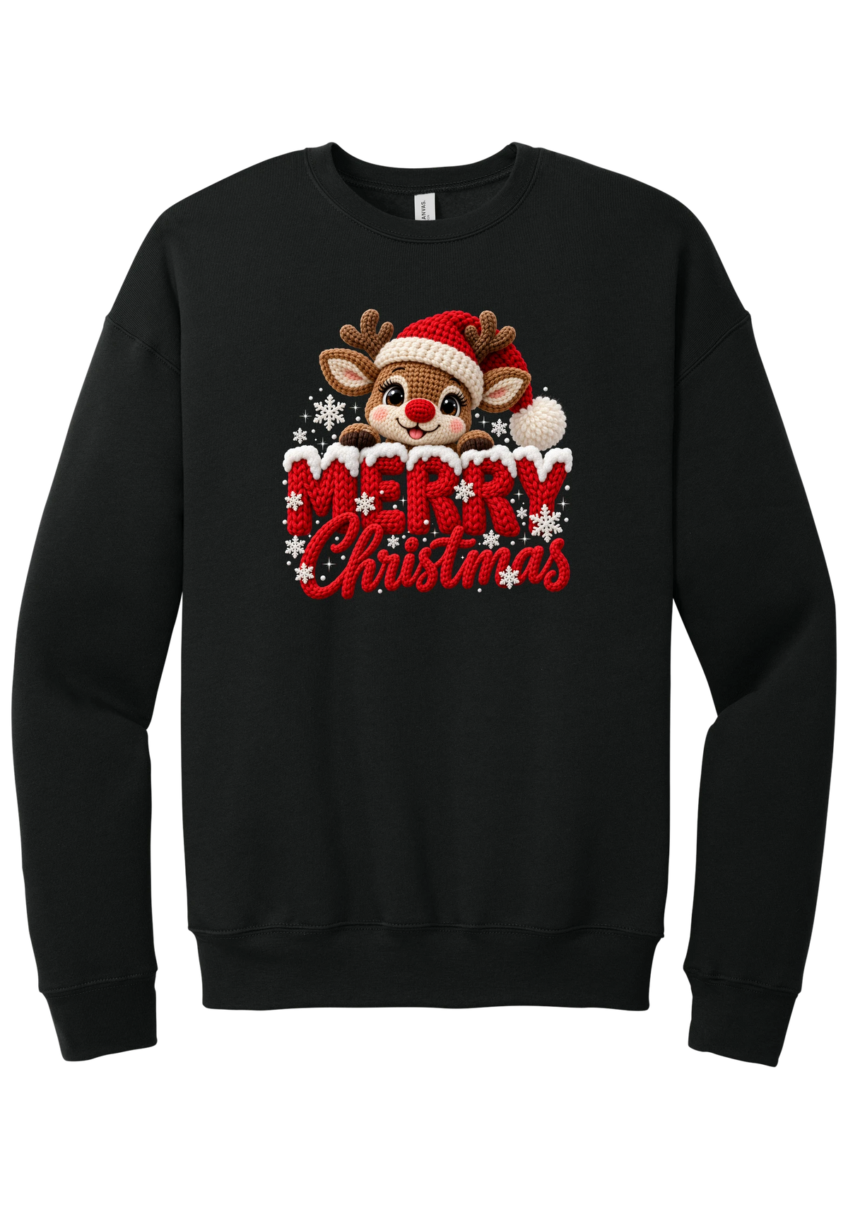 Crocheted Rudolph Merry Christmas crewneck sweatshirt in Black, featuring a crochet-style reindeer in a Santa hat peeking over knit-texture Merry Christmas lettering with snowflakes