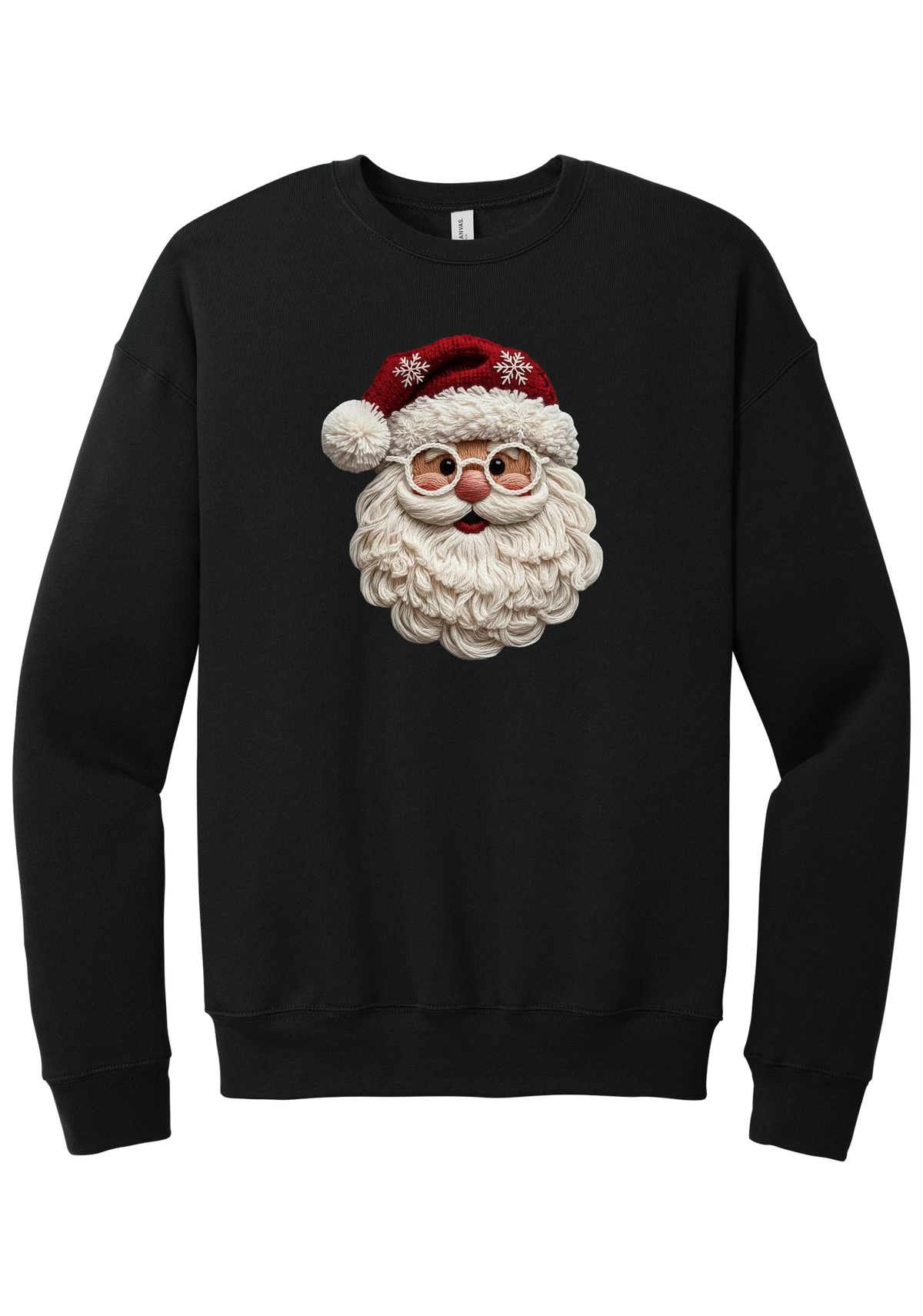 Crocheted Santa crewneck sweatshirt in Black, featuring a yarn-textured Santa face with a chunky cream beard, round glasses, and a red knit hat with snowflakes and a pom-pom