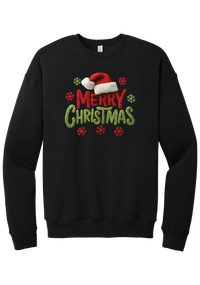 Crocheted Santa Hat Merry Christmas crewneck sweatshirt in Black, featuring a knit Santa hat over chunky red and green knit-texture Merry Christmas lettering with crochet snowflakes