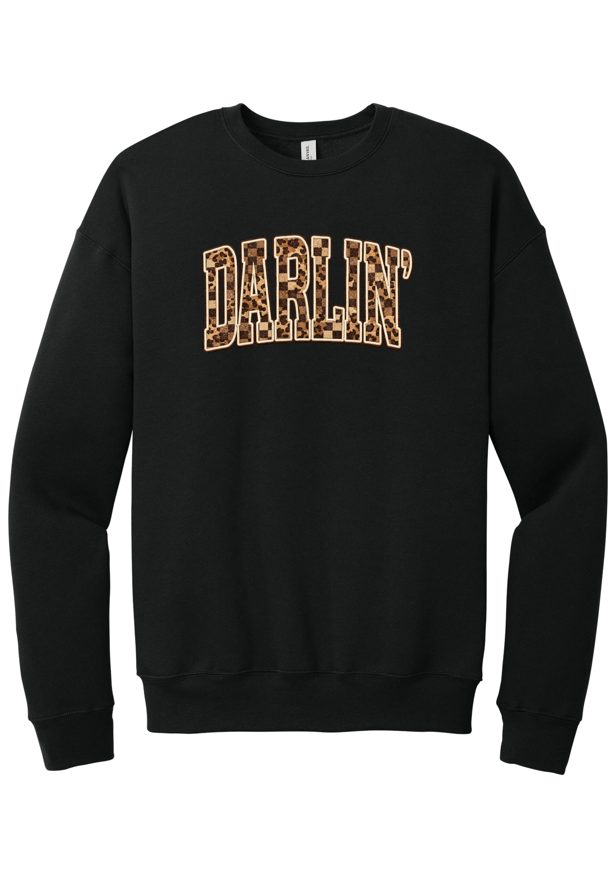 Darlin' crewneck sweatshirt, Leopard Checker design, in Black, featuring arched varsity DARLIN' letters filled with leopard and checker print