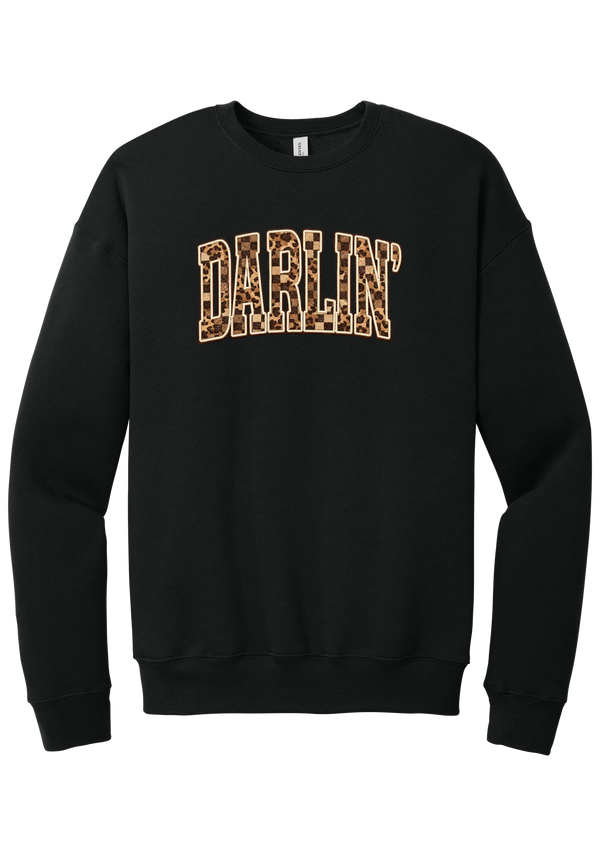 Darlin' crewneck sweatshirt, Leopard Checker design, in Black, featuring arched varsity DARLIN' letters filled with leopard and checker print