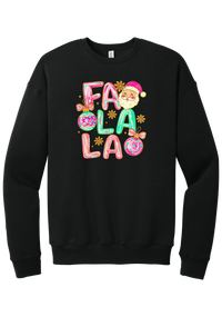 Fa La La Santa crewneck sweatshirt in Black, featuring puffy pastel FA LA LA letters with a smiling Santa, daisies, and ornaments