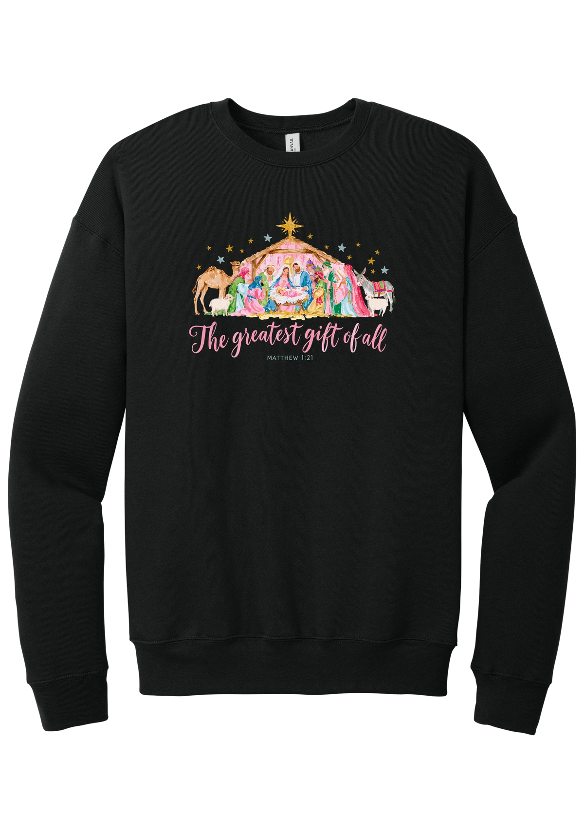 The Greatest Gift of All crewneck sweatshirt in Black, featuring a pastel watercolor nativity scene under the star with The Greatest Gift of All script and Matthew 1:21