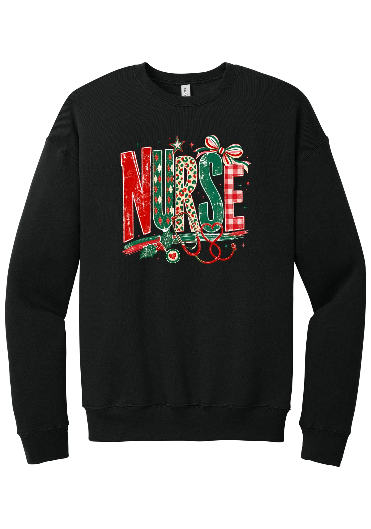 Holiday Nurse Stethoscope crewneck sweatshirt in Black, featuring patterned NURSE letters in red and green argyle, leopard, and gingham with a striped bow, holly, and a red heart stethoscope