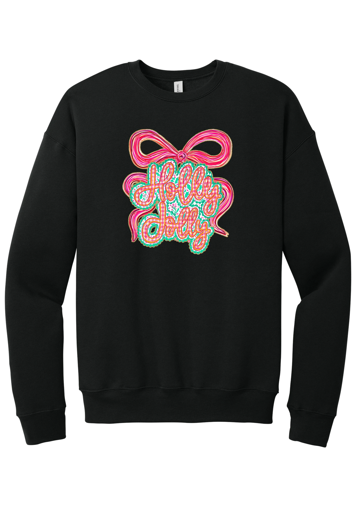 Holly Jolly Bow Script crewneck sweatshirt in Black, featuring pink gingham Holly Jolly script on a teal badge framed by a big pink bow