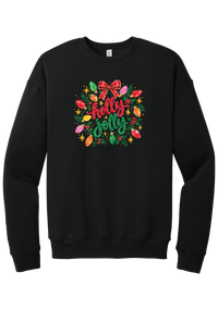 Holly Jolly Christmas Lights crewneck sweatshirt in Black, featuring hand-lettered holly jolly script framed by vintage Christmas bulb lights, pine, holly berries, and a red bow