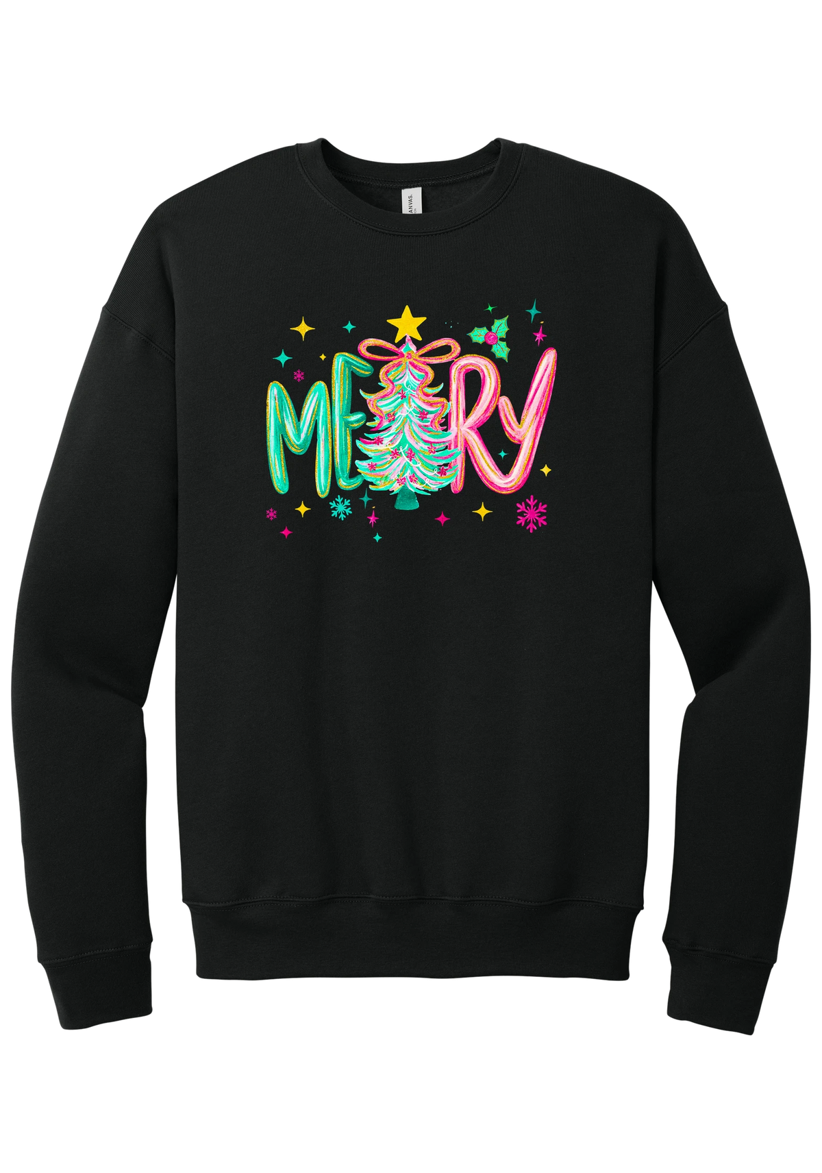 Merry Tinsel Tree crewneck sweatshirt in Black, featuring puffy teal and pink MERRY letters around a tinsel Christmas tree with a gold star