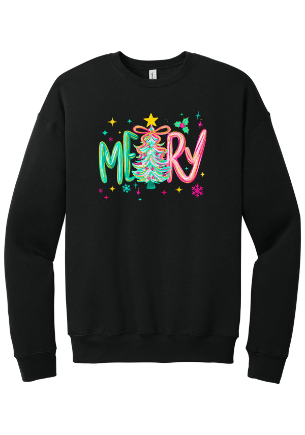 Merry Tinsel Tree crewneck sweatshirt in Black, featuring puffy teal and pink MERRY letters around a tinsel Christmas tree with a gold star