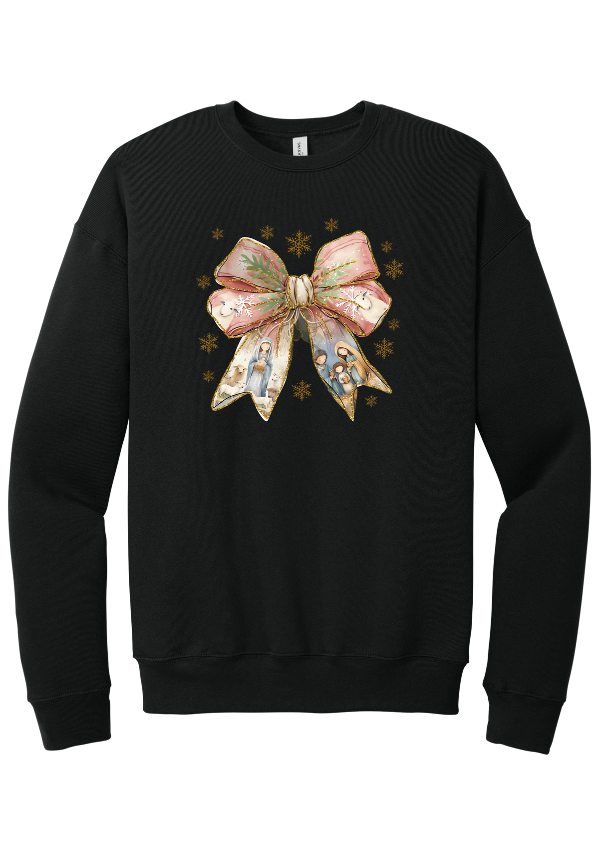 Nativity Bow crewneck sweatshirt in Black, featuring a blush satin bow with painted nativity scenes in its ribbons and gold snowflakes