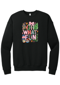Oh What Fun crewneck sweatshirt in Black, featuring hand-painted Oh What Fun letters with pink bows, whimsical Christmas trees, and ornaments