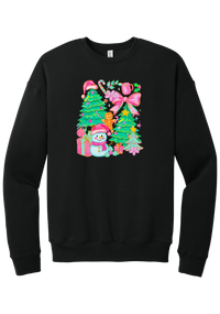 Preppy Christmas Doodle crewneck sweatshirt in Black, featuring a doodle collage of Christmas trees, a snowman, a gingerbread man, gifts, and pink bows