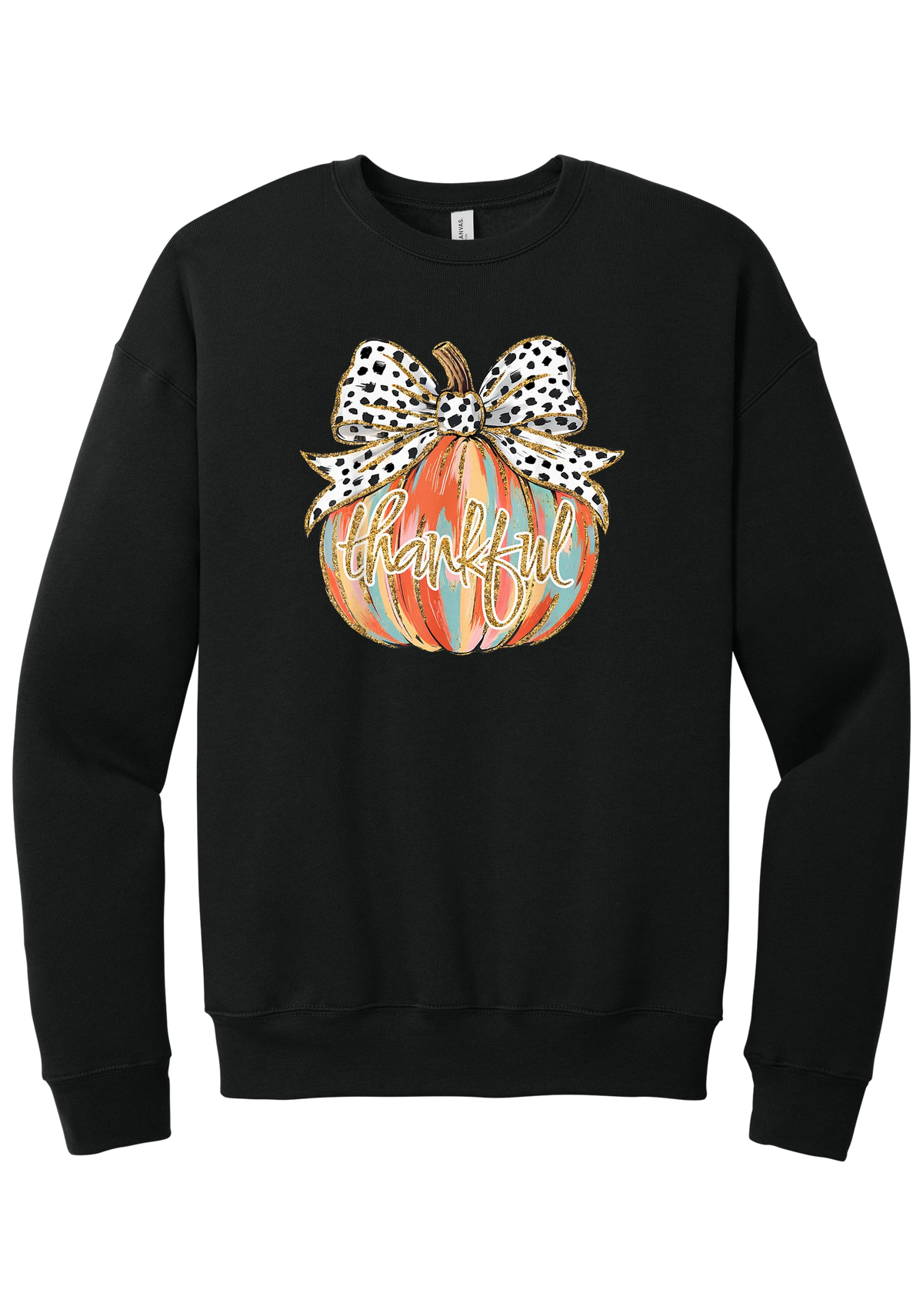 Thankful Pumpkin Bow crewneck sweatshirt in Black, featuring a painted pumpkin with a spotted bow and thankful in gold glitter script