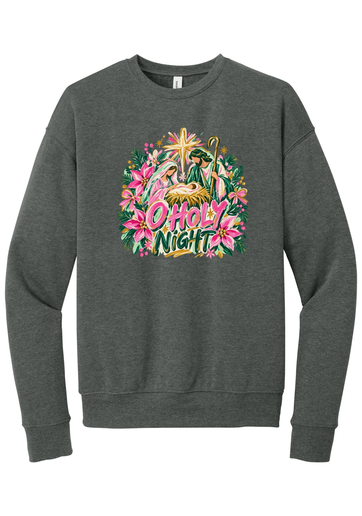 Artful O Holy Night crewneck sweatshirt in Deep Heather, featuring a painted nativity under the star of Bethlehem with O Holy Night lettering framed by pink poinsettias and evergreen