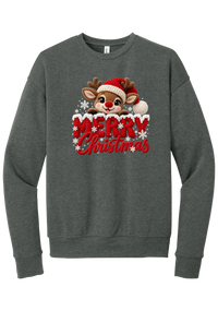 Crocheted Rudolph Merry Christmas crewneck sweatshirt in Deep Heather, featuring a crochet-style reindeer in a Santa hat peeking over knit-texture Merry Christmas lettering with snowflakes