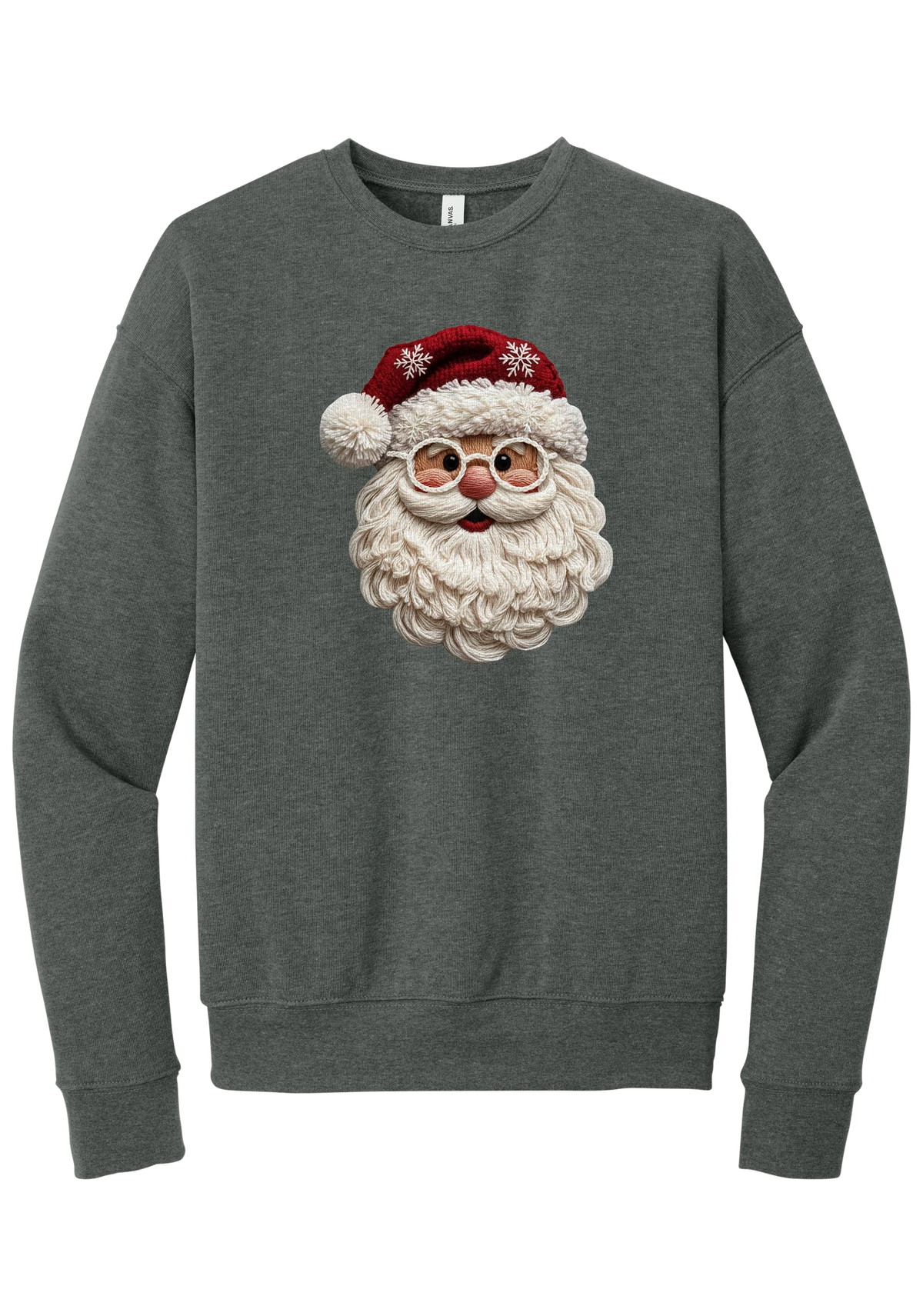 Crocheted Santa crewneck sweatshirt in Deep Heather, featuring a yarn-textured Santa face with a chunky cream beard, round glasses, and a red knit hat with snowflakes and a pom-pom