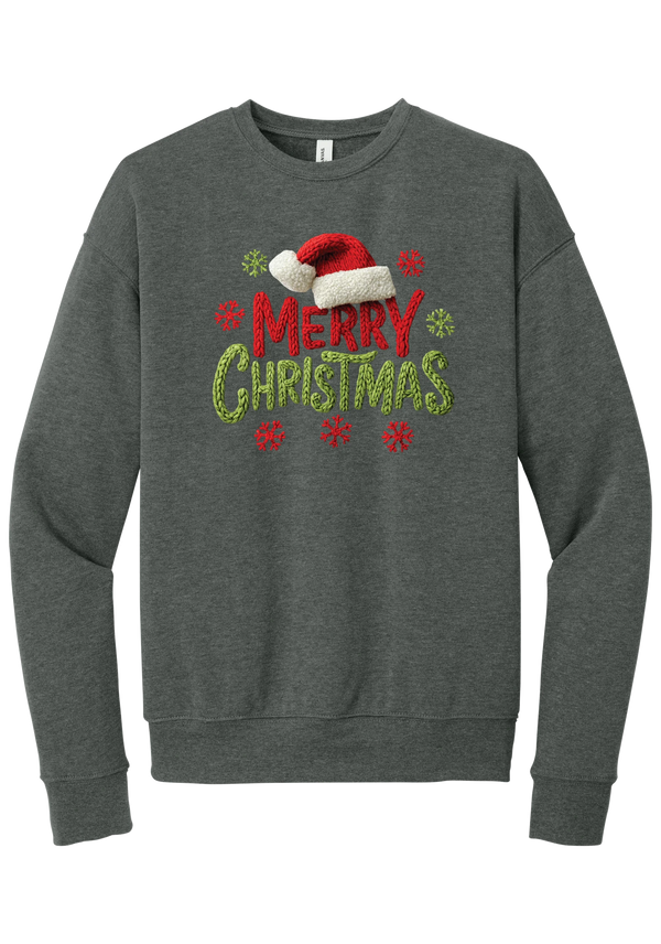 Crocheted Santa Hat Merry Christmas crewneck sweatshirt in Deep Heather, featuring a knit Santa hat over chunky red and green knit-texture Merry Christmas lettering with crochet snowflakes