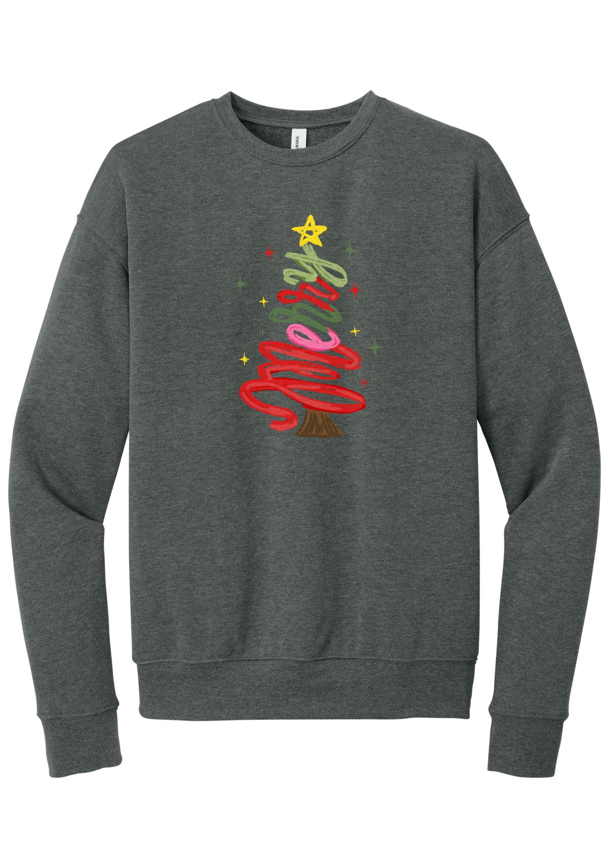 Hand Script Merry Christmas Tree crewneck sweatshirt in Deep Heather, featuring loopy hand-drawn script in red, pink, and green forming a Christmas tree with a gold star and sparkles