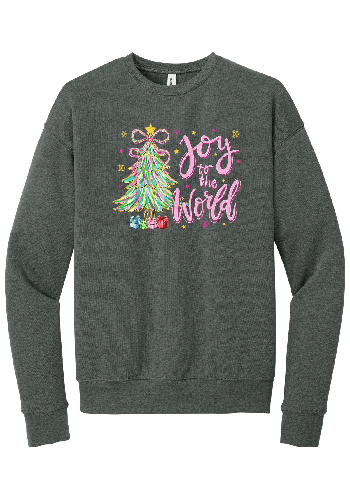 Joy to the World Pastel Tree crewneck sweatshirt in Deep Heather, featuring a pastel tinsel tree with a bow beside Joy to the World pink script