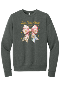 Love Came Down Nativity Bow crewneck sweatshirt in Deep Heather, featuring a blush satin bow with painted nativity scenes under gold Love Came Down script and Luke 2:11