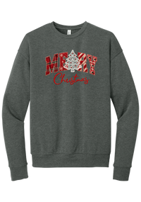 Merry Lace and Pattern Applique crewneck sweatshirt in Deep Heather, featuring faux applique MERRY letters in red plaid, snowflake, candy cane, and gingham fabrics with a lace Christmas tree and red script Christmas