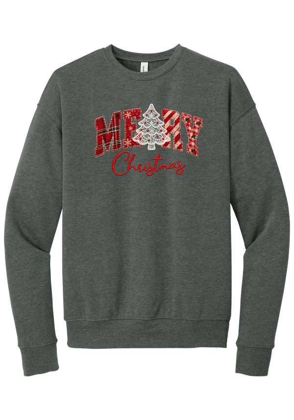 Merry Lace and Pattern Applique crewneck sweatshirt in Deep Heather, featuring faux applique MERRY letters in red plaid, snowflake, candy cane, and gingham fabrics with a lace Christmas tree and red script Christmas