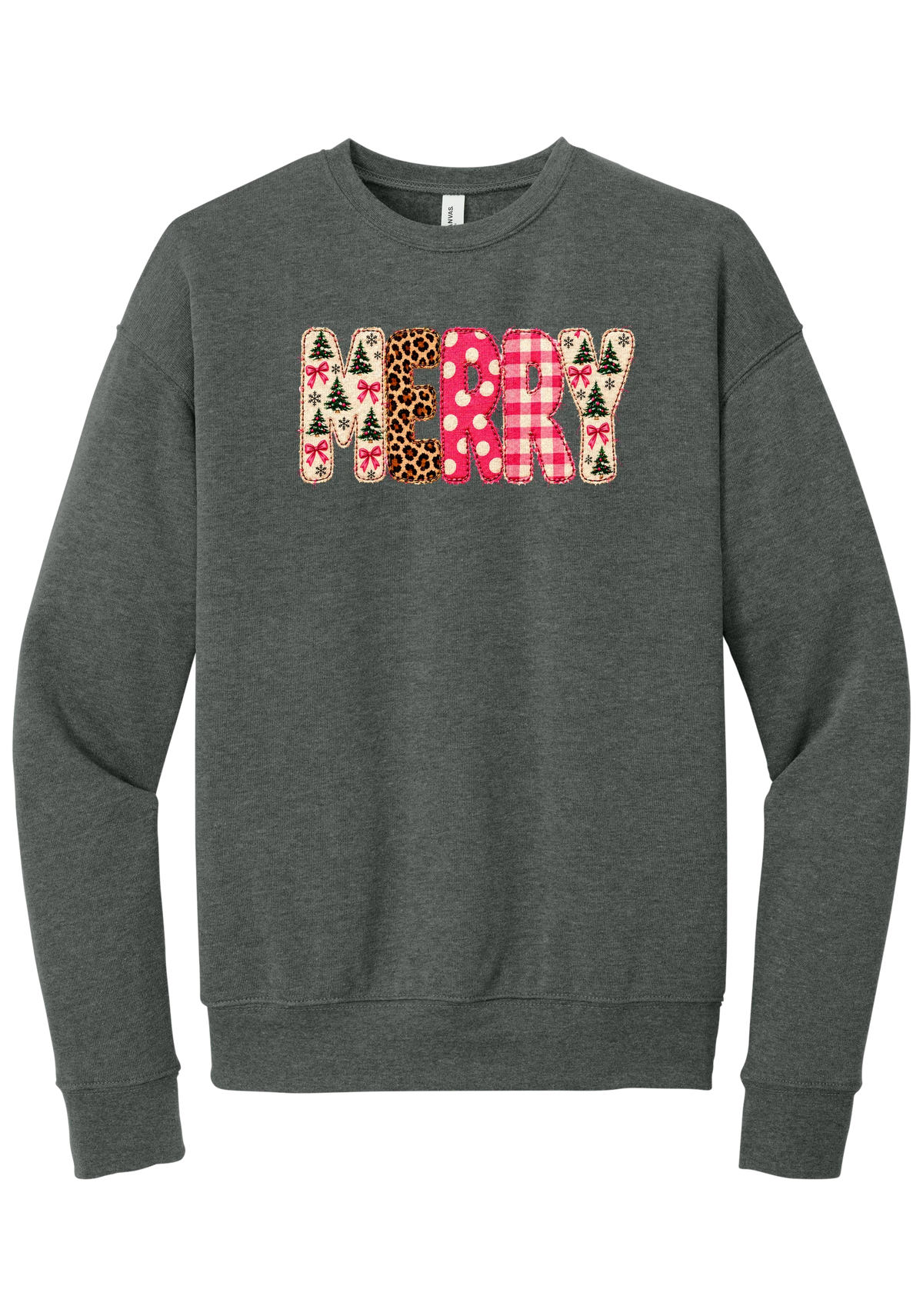 Merry Preppy Applique crewneck sweatshirt in Deep Heather, featuring faux applique MERRY letters in pink and green patchwork patterns with trees, gingham, Santas, polka dots, and candy cane stripes
