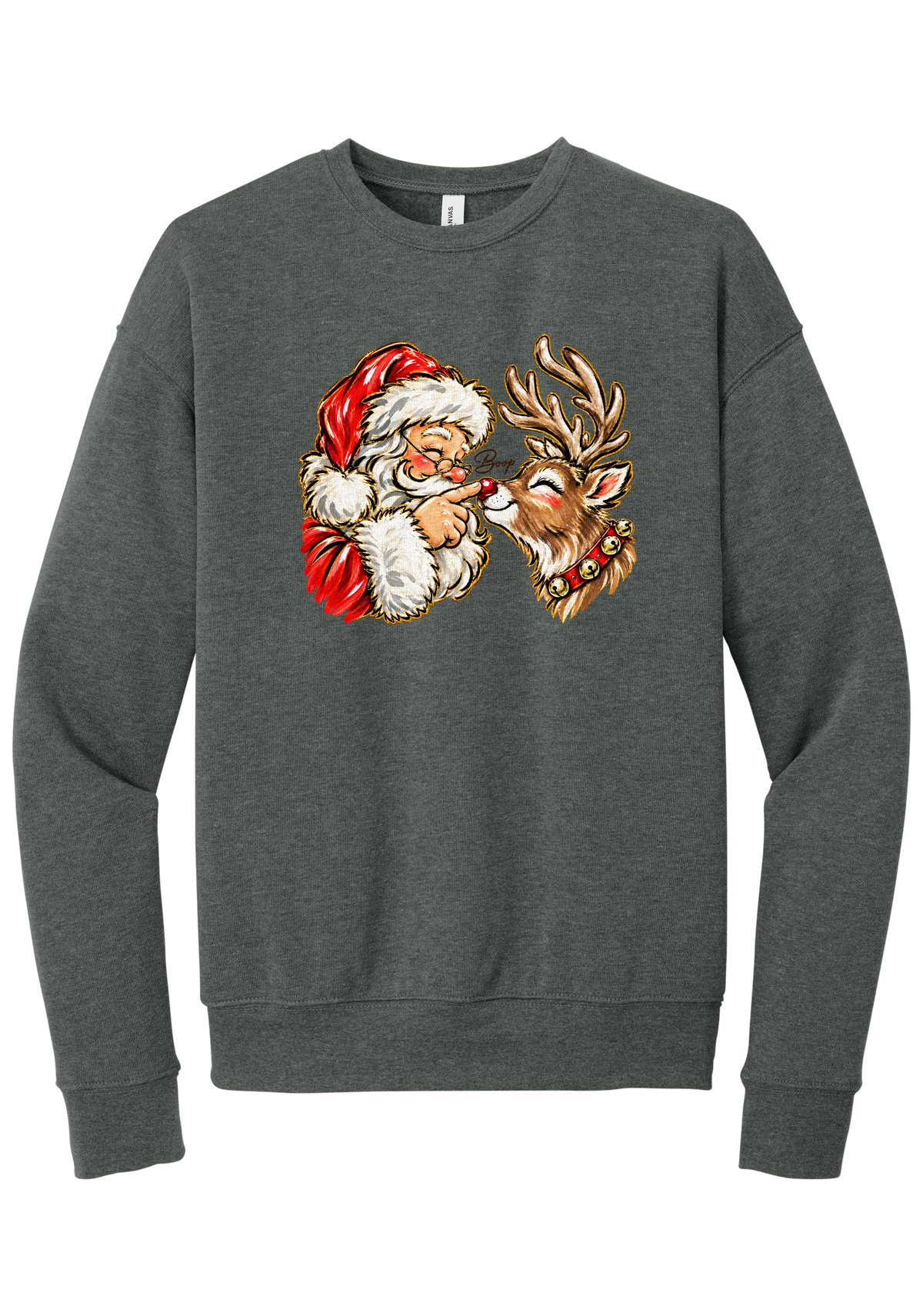 Santa and Rudolph Boop crewneck sweatshirt in Deep Heather, featuring a hand-painted vintage Santa booping a smiling reindeer on its red nose