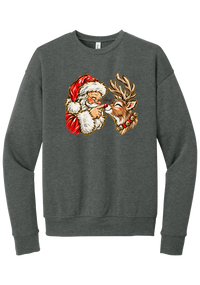 Santa and Rudolph Boop crewneck sweatshirt in Deep Heather, featuring a hand-painted vintage Santa booping a smiling reindeer on its red nose