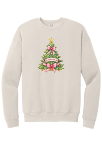 Adore Him Bow Tree crewneck sweatshirt in Heather Dust, featuring a green Christmas tree with pink bows, a gold star, and an Oh Come Let Us Adore Him banner