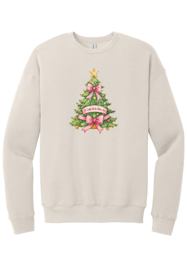 Adore Him Bow Tree crewneck sweatshirt in Heather Dust, featuring a green Christmas tree with pink bows, a gold star, and an Oh Come Let Us Adore Him banner