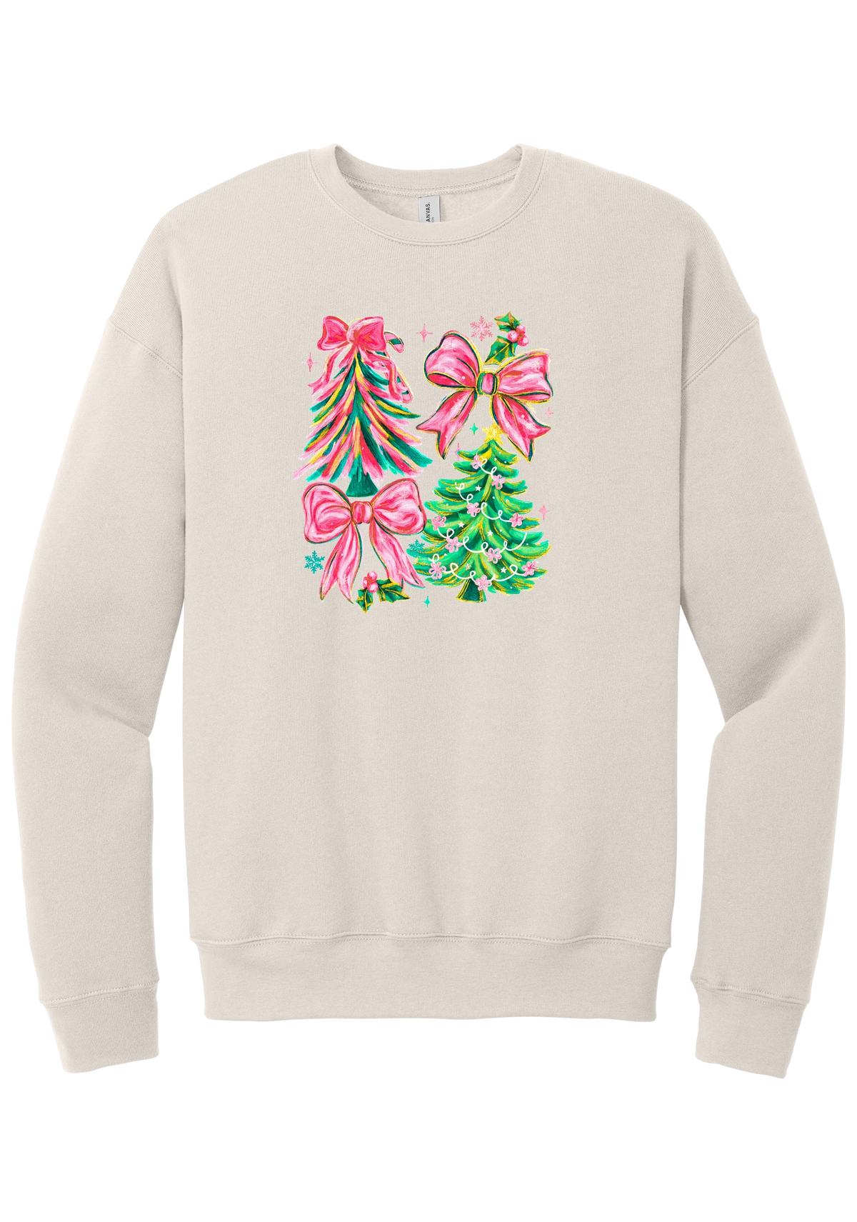 Christmas Tree Bows crewneck sweatshirt in Heather Dust, featuring painted pink and green Christmas trees with big pink satin bows