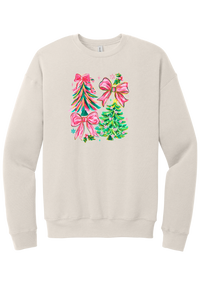 Christmas Tree Bows crewneck sweatshirt in Heather Dust, featuring painted pink and green Christmas trees with big pink satin bows