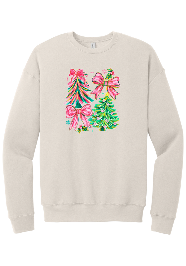 Christmas Tree Bows crewneck sweatshirt in Heather Dust, featuring painted pink and green Christmas trees with big pink satin bows