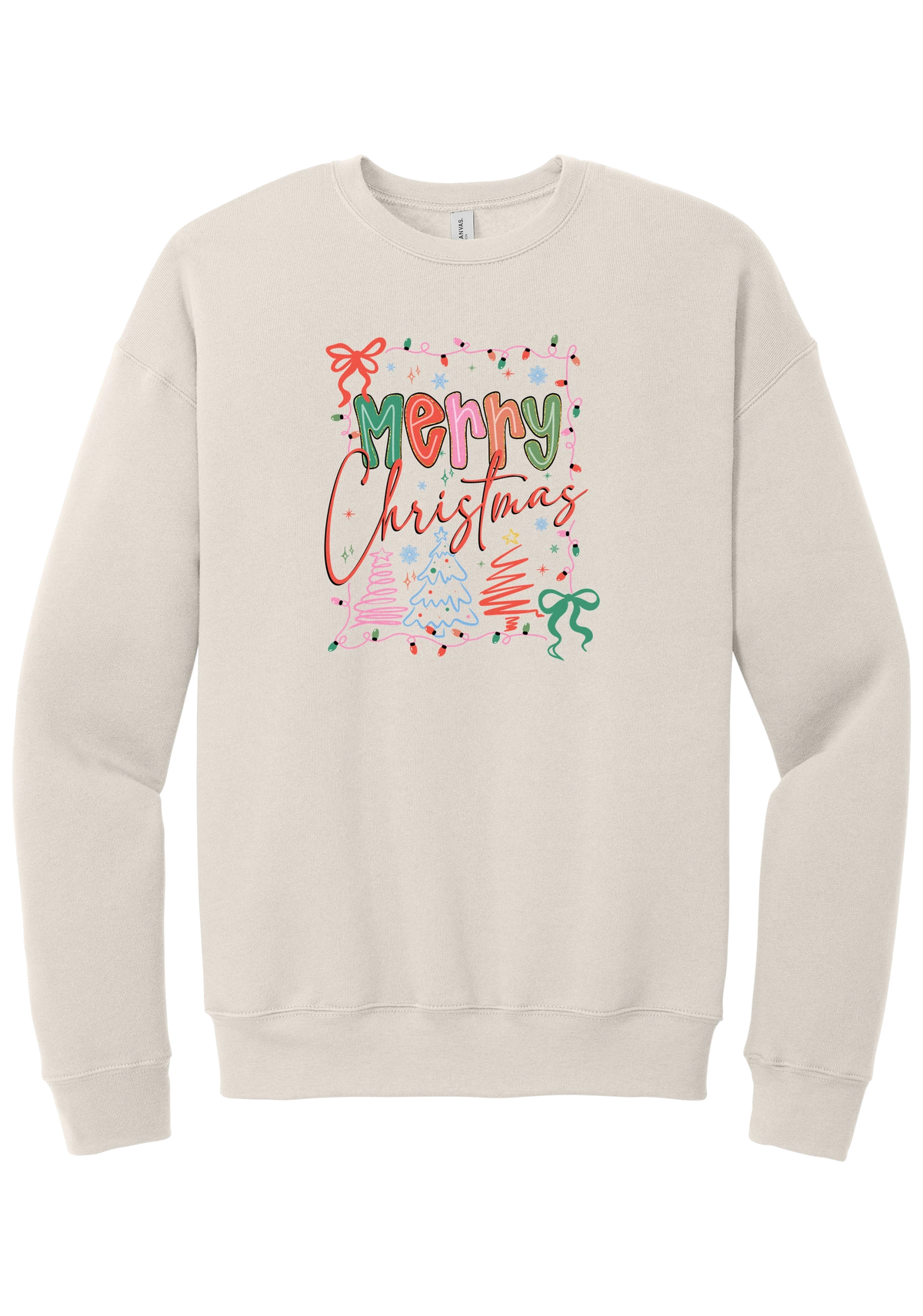 Coquette Merry Christmas Outline crewneck sweatshirt in Heather Dust, featuring Merry Christmas bubble letters and script framed by string lights, coquette bows, and sketched Christmas trees