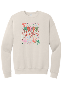 Coquette Merry Christmas Outline crewneck sweatshirt in Heather Dust, featuring Merry Christmas bubble letters and script framed by string lights, coquette bows, and sketched Christmas trees