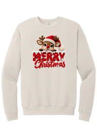 Crocheted Rudolph Merry Christmas crewneck sweatshirt in Heather Dust, featuring a crochet-style reindeer in a Santa hat peeking over knit-texture Merry Christmas lettering with snowflakes