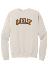 Darlin' crewneck sweatshirt, Checker Outline design, in Heather Dust, featuring arched varsity DARLIN' letters filled with leopard and checker print