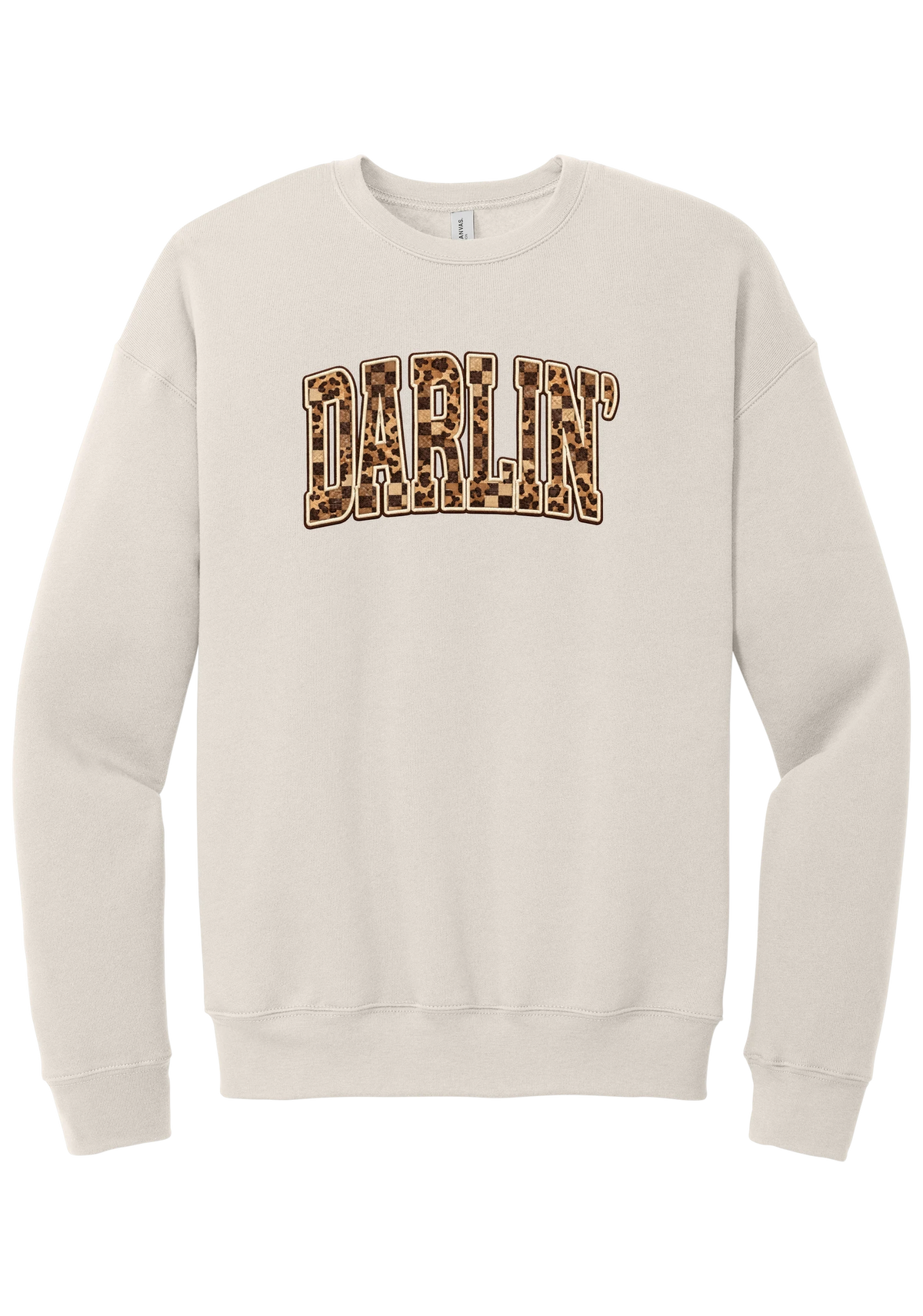 Darlin' crewneck sweatshirt, Leopard Checker design, in Heather Dust, featuring arched varsity DARLIN' letters filled with leopard and checker print